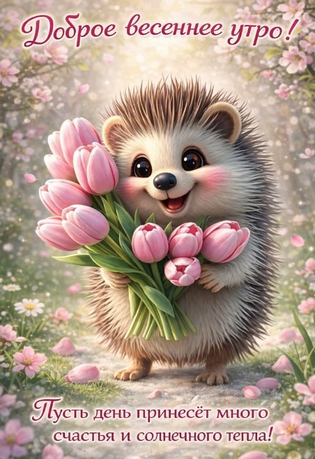 Открытка Доброе весеннее утро с ежиком и тюльпанами