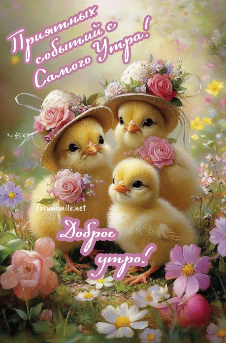 Милая открытка с цыплятами в шляпках: Доброе утро