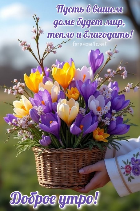 Открытка Доброе утро, весенние крокусы в корзине