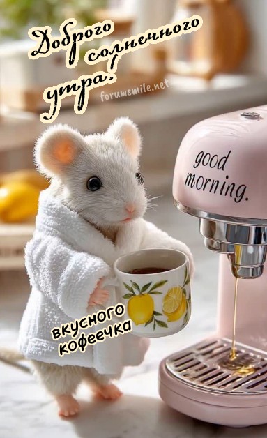 Милый пушистый мышонок в белом банном халате держит чашку с лимонным принтом рядом с розовой кофемашиной