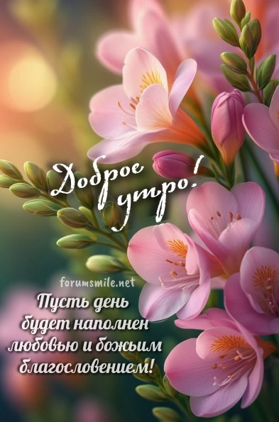 Нежные розовые цветы фрезии на размытом фоне с надписью Доброе утро и пожеланием Божьего благословения