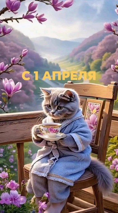 Открытка с 1 апреля: милый котик в халате с чашкой чая