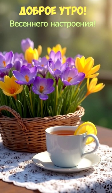 Открытка Доброе утро: весенние крокусы и чай с лимоном