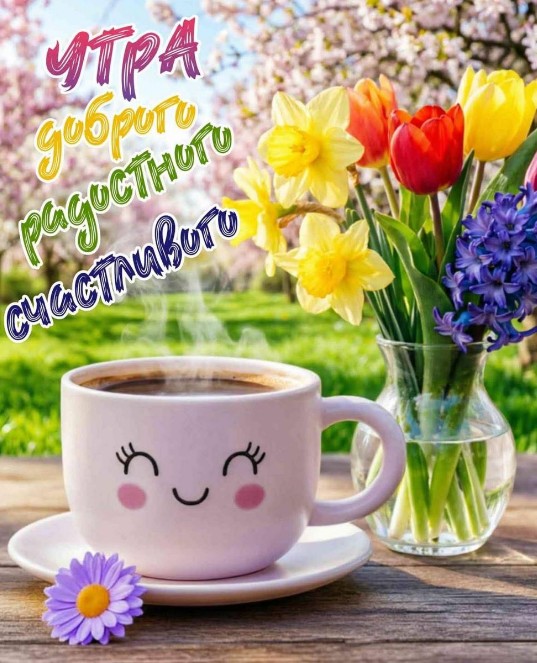 Розовая чашка кофе с улыбкой, букет весенних цветов в вазе и надпись Доброго, радостного, счастливого утра