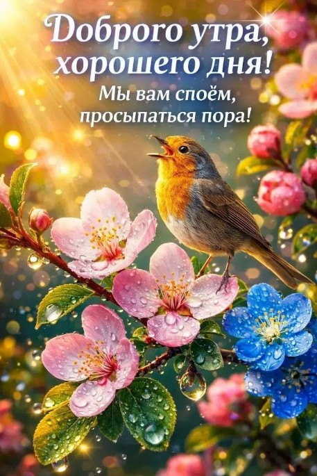 Красивая открытка Доброе утро с птичкой и весенними цветами