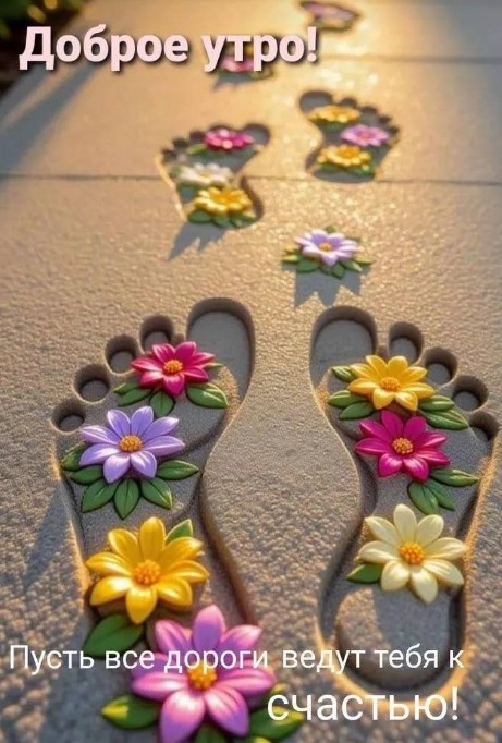 Открытка Доброе утро с изображением следов ног на песке, украшенных разноцветными цветами