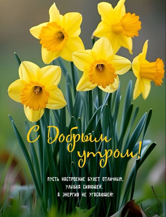 Букет ярких весенних желтых нарциссов с надписью С добрым утром на русском языке