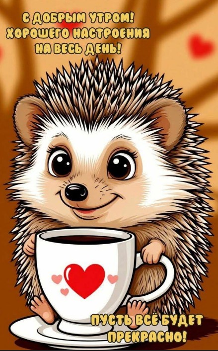 Милый мультяшный ежик держит чашку кофе с сердечками, надпись С добрым утром