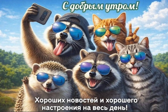 Открытка с добрым утром, смешные животные делают селфи