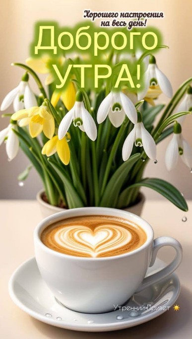 Утренняя открытка с букетом белых и желтых подснежников в горшке и чашкой кофе с латте-артом в форме сердца