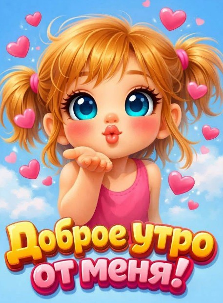 Милая мультяшная девочка посылает воздушный поцелуй на фоне неба с розовыми сердечками и надписью Доброе утро от меня