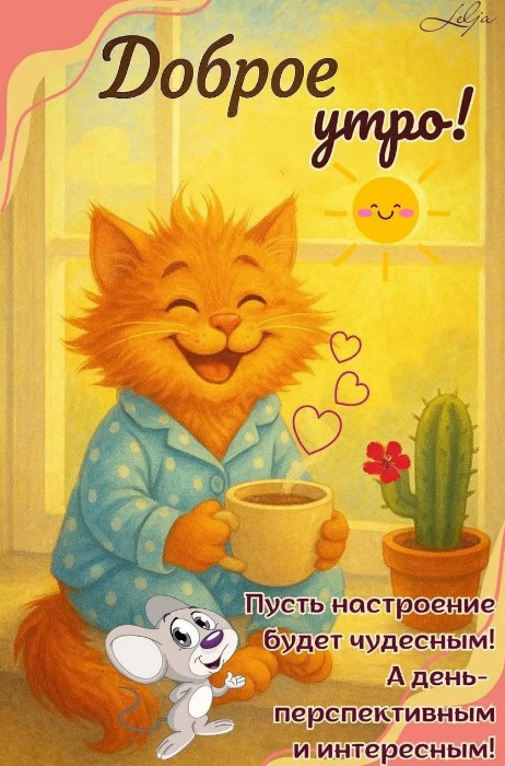 Открытка Доброе утро с рыжим котом и мышонком