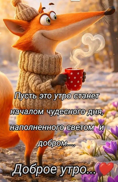 Милый рыжий лисенок в вязаной шапке и свитере держит красную кружку с паром на фоне первых весенних цветов