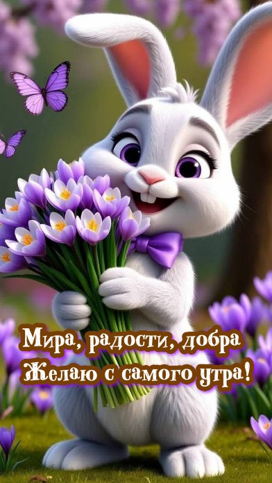 Милый белый кролик с фиолетовым бантом держит букет крокусов на фоне весеннего сада с бабочками