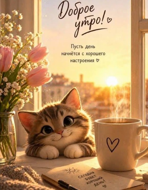 Открытка Доброе утро с милым котенком и кофе