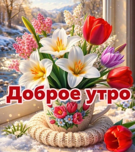 Красивая открытка Доброе утро с весенними цветами в чашке