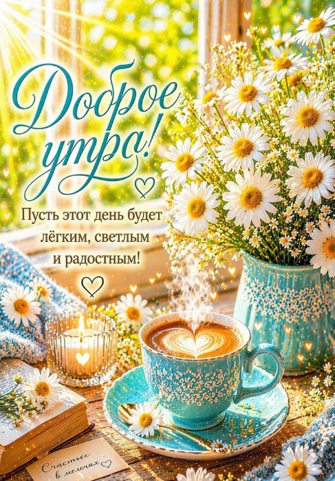 Красивая открытка Доброе утро с ромашками и кофе