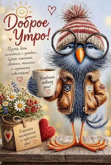 Открытка Доброе утро: милая птичка с кофе и пожеланиями