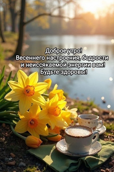 Красивая утренняя открытка с желтыми нарциссами и чашкой кофе на фоне природы