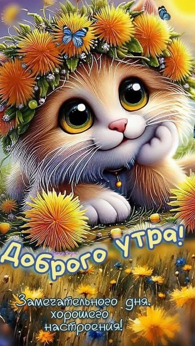 Открытка Доброе утро с милым котенком и цветами