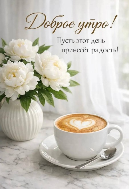 Открытка Доброе утро с нежными пионами и чашкой кофе