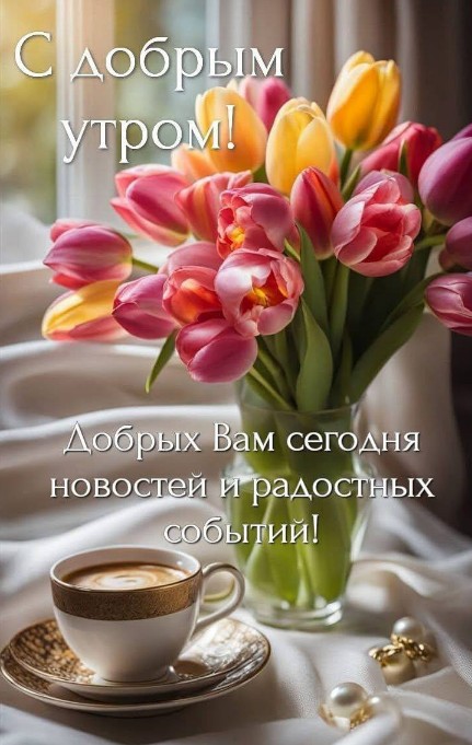 Красивая открытка С добрым утром с тюльпанами и кофе