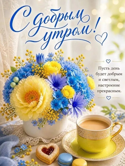 Открытка с добрым утром с нежным букетом желто-голубых цветов.