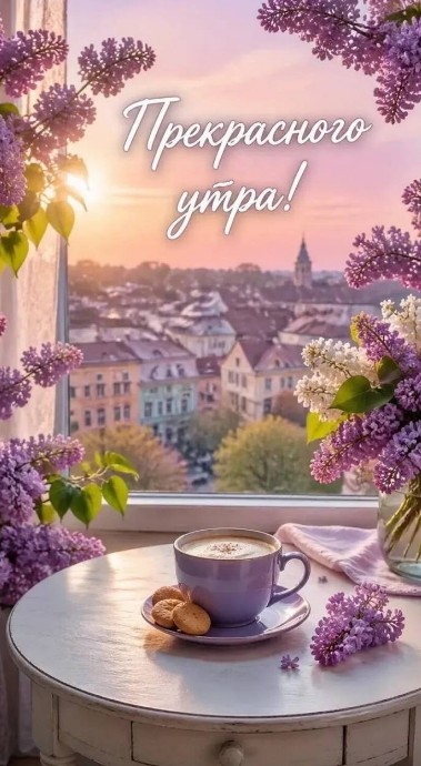 Открытка Прекрасного утра: кофе, сирень и вид из окна
