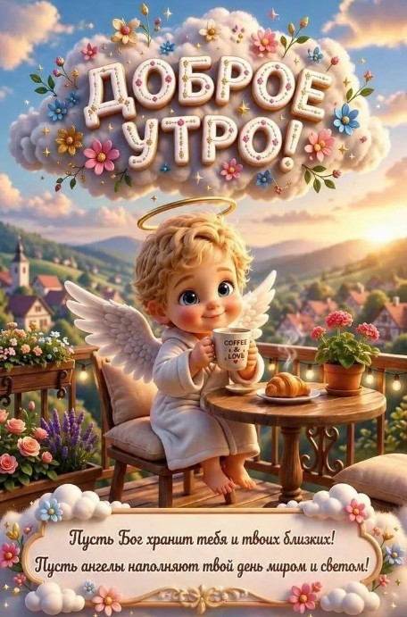 Открытка Доброе утро с ангелочком и пожеланиями