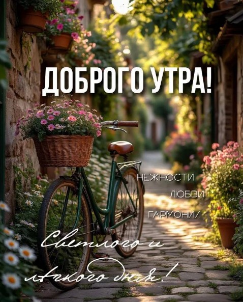 Открытка Доброго утра с велосипедом и цветами