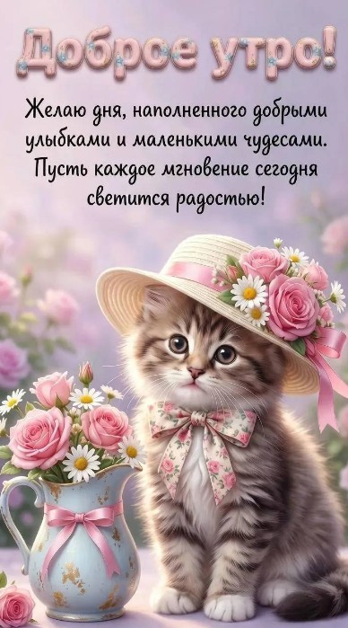 Красивая открытка Доброе утро с котенком и цветами