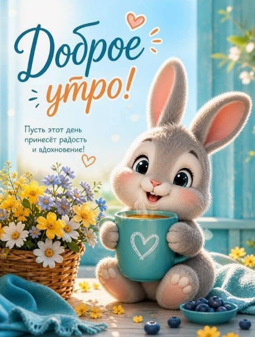 Милая открытка Доброе утро с зайчиком и цветами