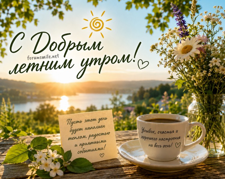 Красивая открытка с добрым летним утром, чашка кофе, букет цветов на столе на фоне озера и солнечного рассвета