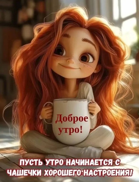 Открытка Доброе утро с милой рыжеволосой девушкой и чашкой