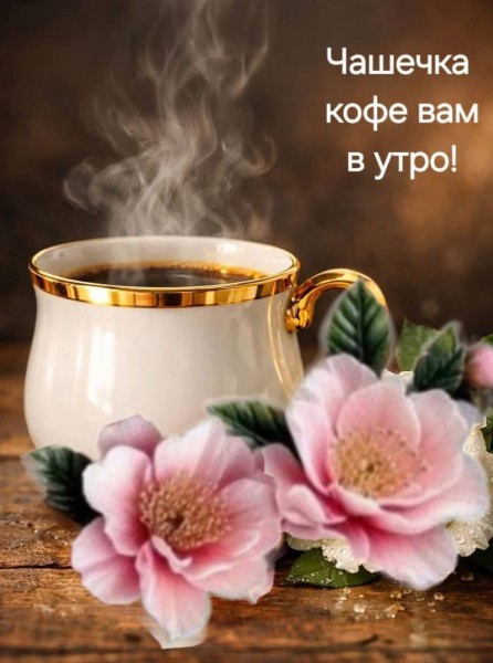 Открытка с пожеланием доброго утра и чашкой кофе