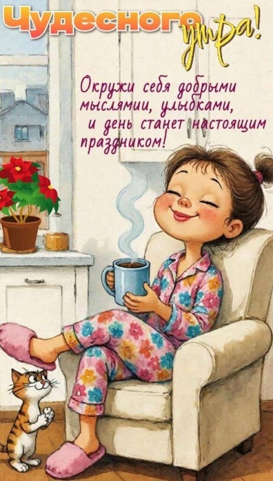Чудесного утра: девочка с кофе и милый котик