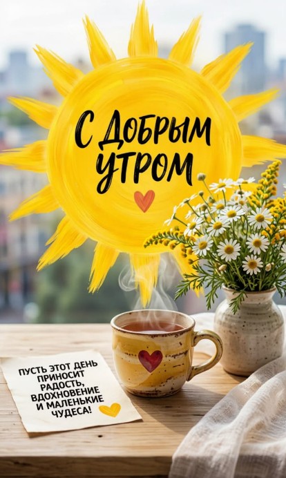 Красивая открытка С добрым утром с ромашками и кофе