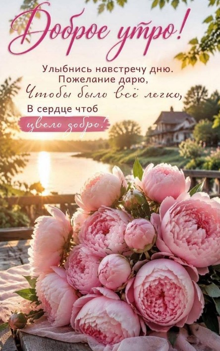 Открытка Доброе утро с нежными пионами и пожеланием