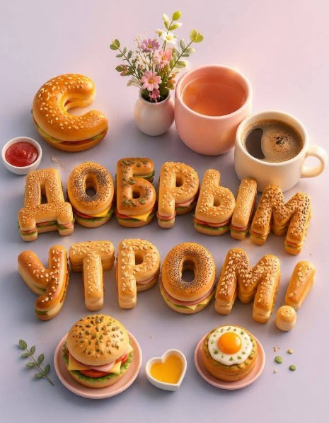 Открытка Добрым утром с вкусным завтраком и буквами из булочек