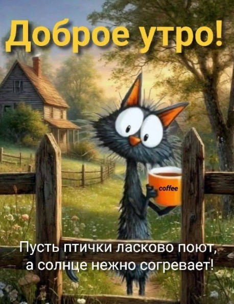 Открытка Доброе утро с милым котом и чашкой кофе