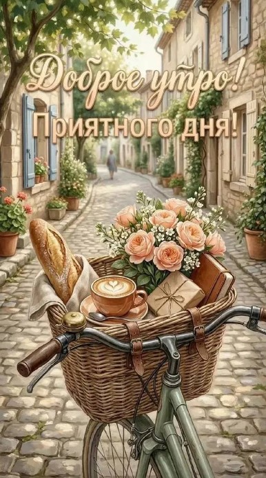 Открытка Доброе утро: уютная улочка, кофе и цветы