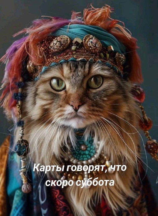 Забавная открытка с пушистым котом: Карты говорят, скоро суббота