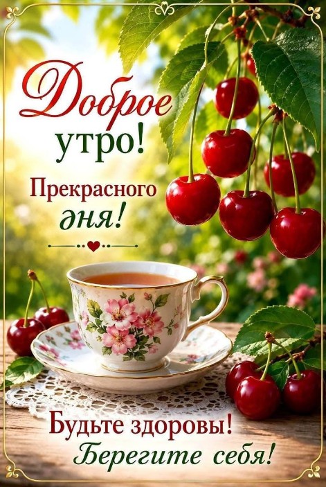 Открытка Доброе утро с вишней и чашкой чая
