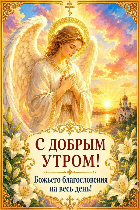 С добрым утром с изображением ангела, храма и лилий с пожеланием Божьего благословения