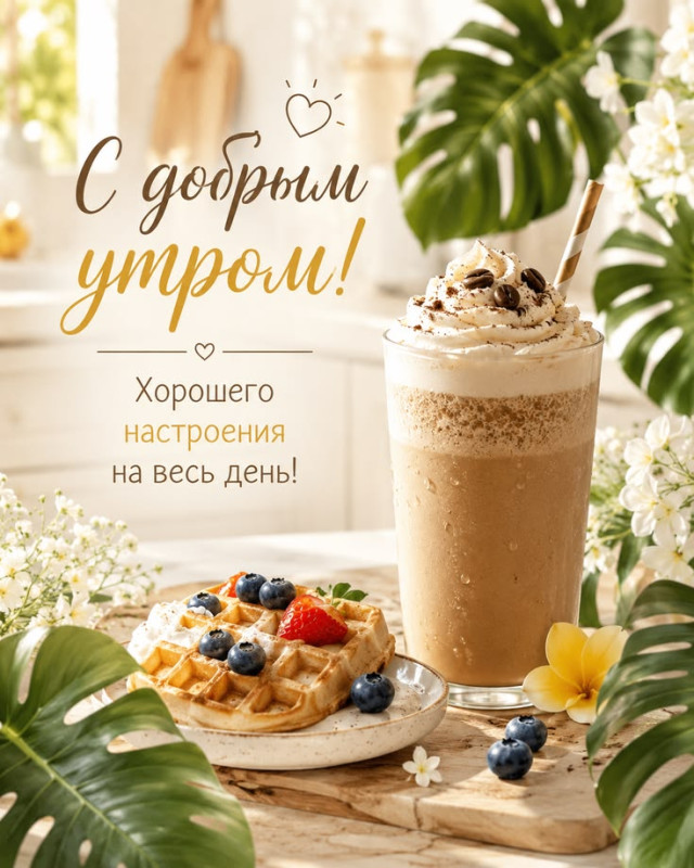 Утренняя открытка с холодным кофе, вафлями с ягодами и надписью С добрым утром