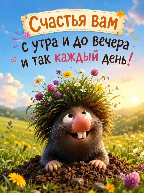 Милый мультяшный крот с цветами на голове улыбается на фоне летнего луга, открытка с пожеланием счастья