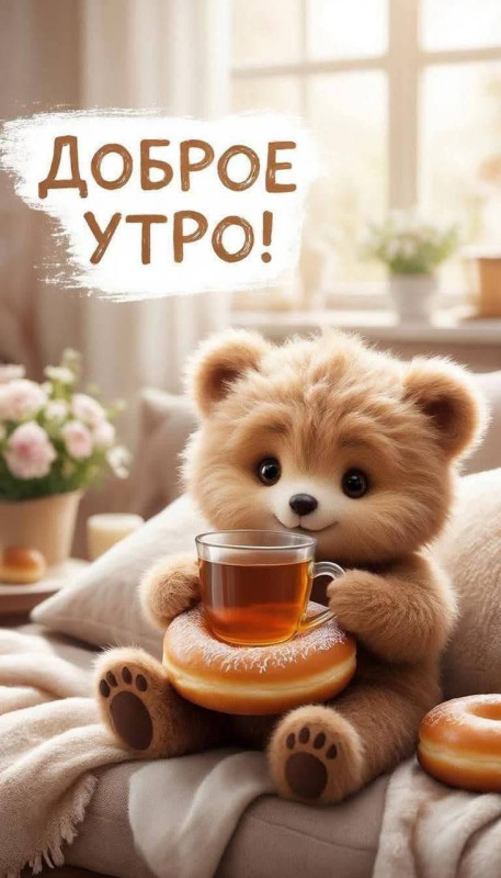 Открытка Доброе утро с милым плюшевым мишкой и чаем