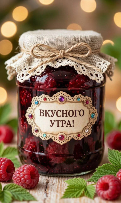 Открытка с пожеланием вкусного утра и малиновым вареньем