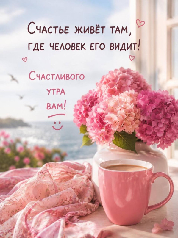 Открытка с добрым утром: цветы и кофе, красивая картинка