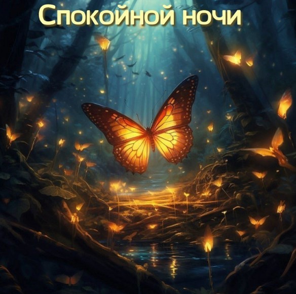 Картинка спокойной ночи с бабочкой в волшебном лесу